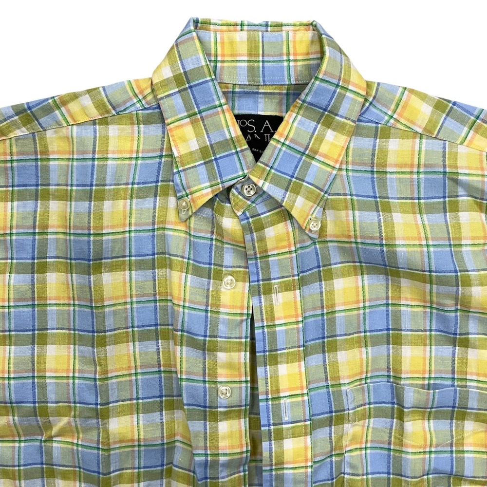 Jos. A. Bank Shirt Men S Yellow Blue Plaid Linen Camp Summer Traveler Beach